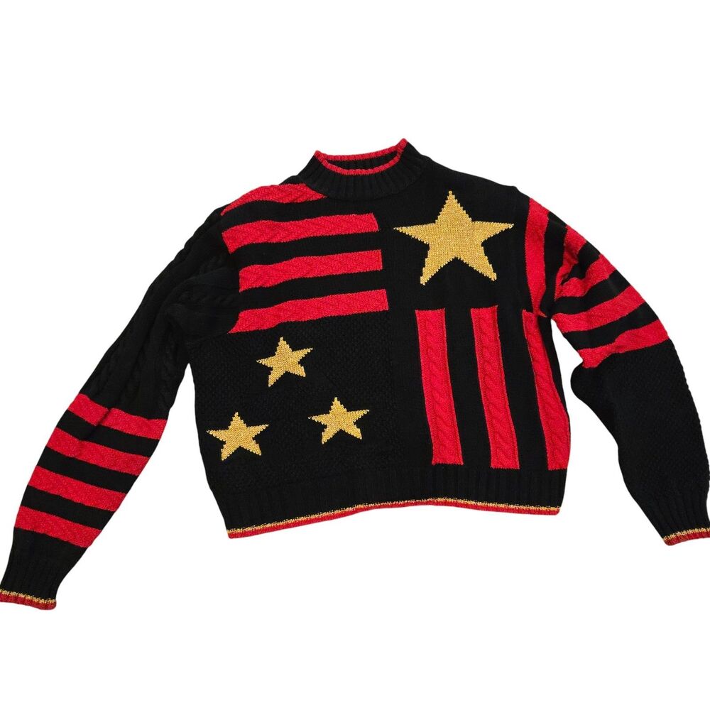 Vintage LizWear Stars Stripes Sweater Womens Size S Mock Neck Patriotic Coastal